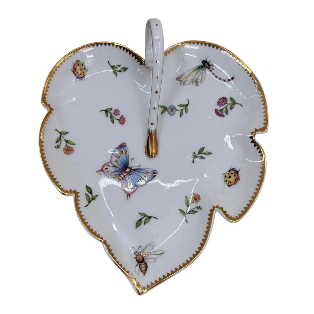 I Godinger & Co Leaf Dish Butterfly Porcelain Trinket Dish Candy Tray Gold Trim